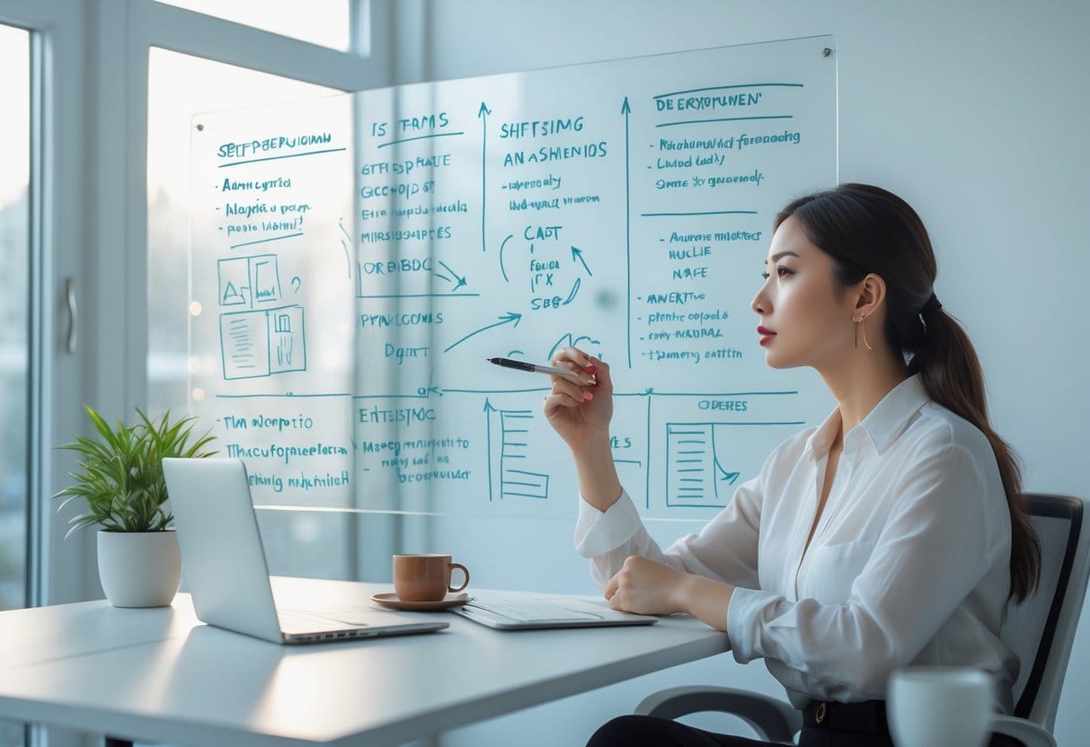 A young woman sitting at a desk looking thoughtfully at a transparent board with notes and diagrams in a bright office.