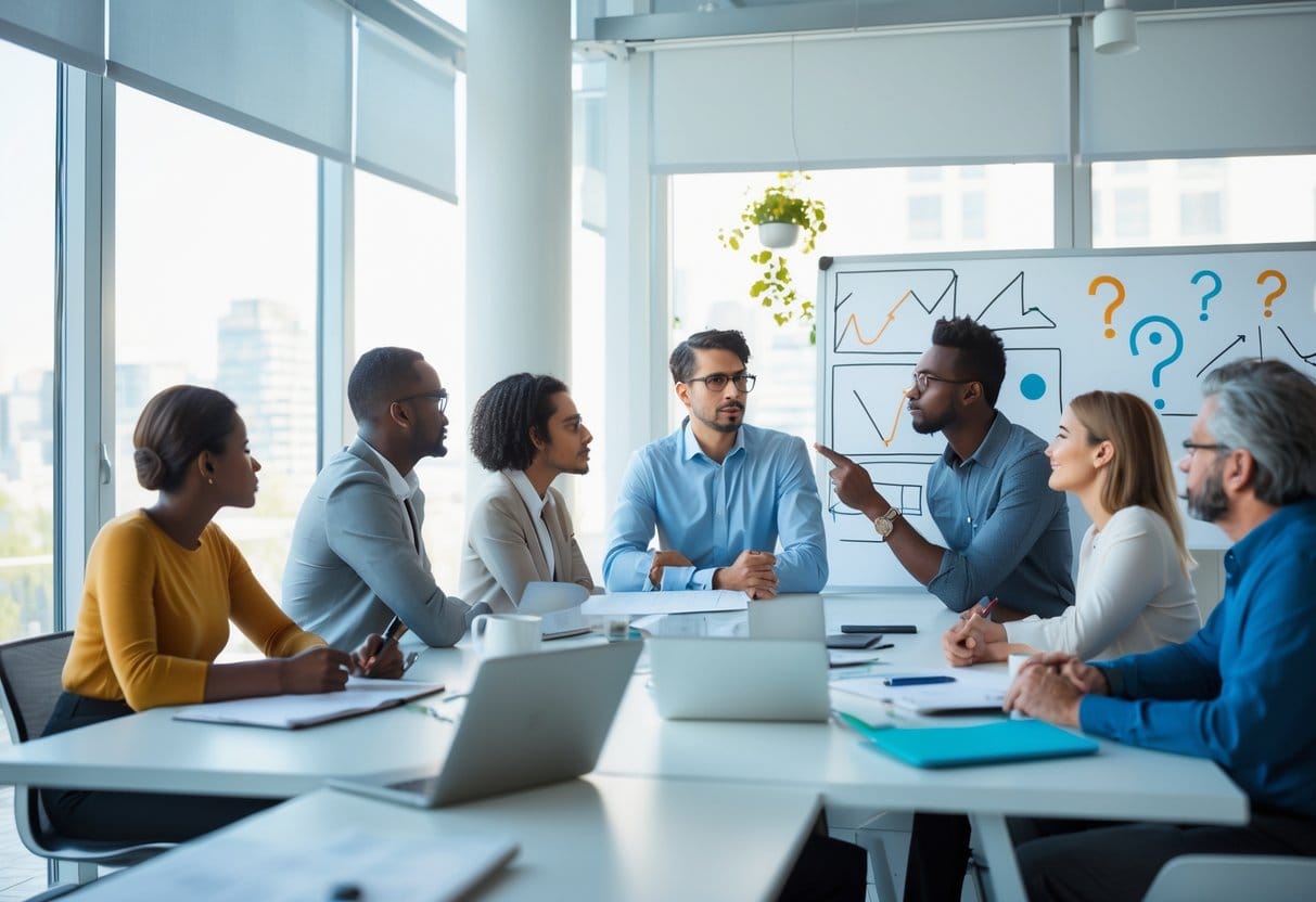 A group of people in an office thoughtfully discussing and reflecting, with one person looking contemplative at a notebook while others brainstorm around a whiteboard.