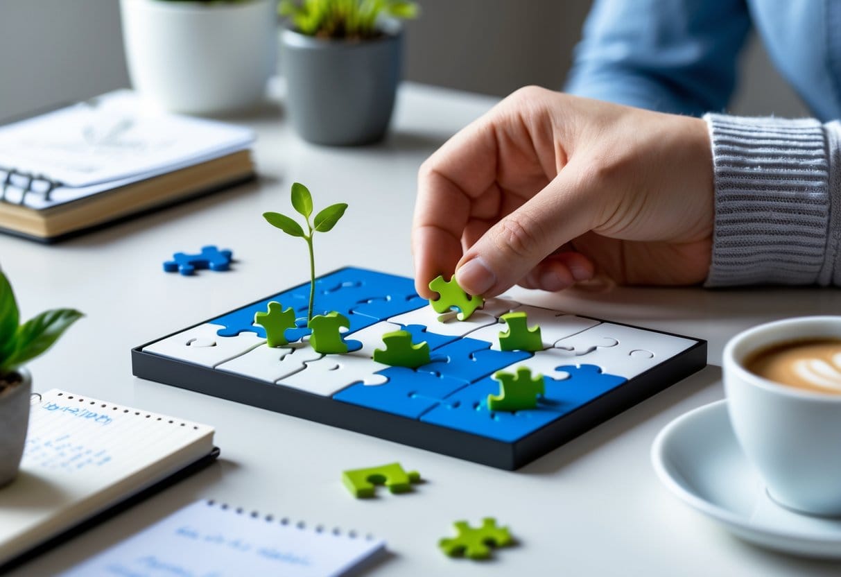 Close-up of a hand placing a small puzzle piece on a desk with a plant, notebook, and coffee cup nearby.