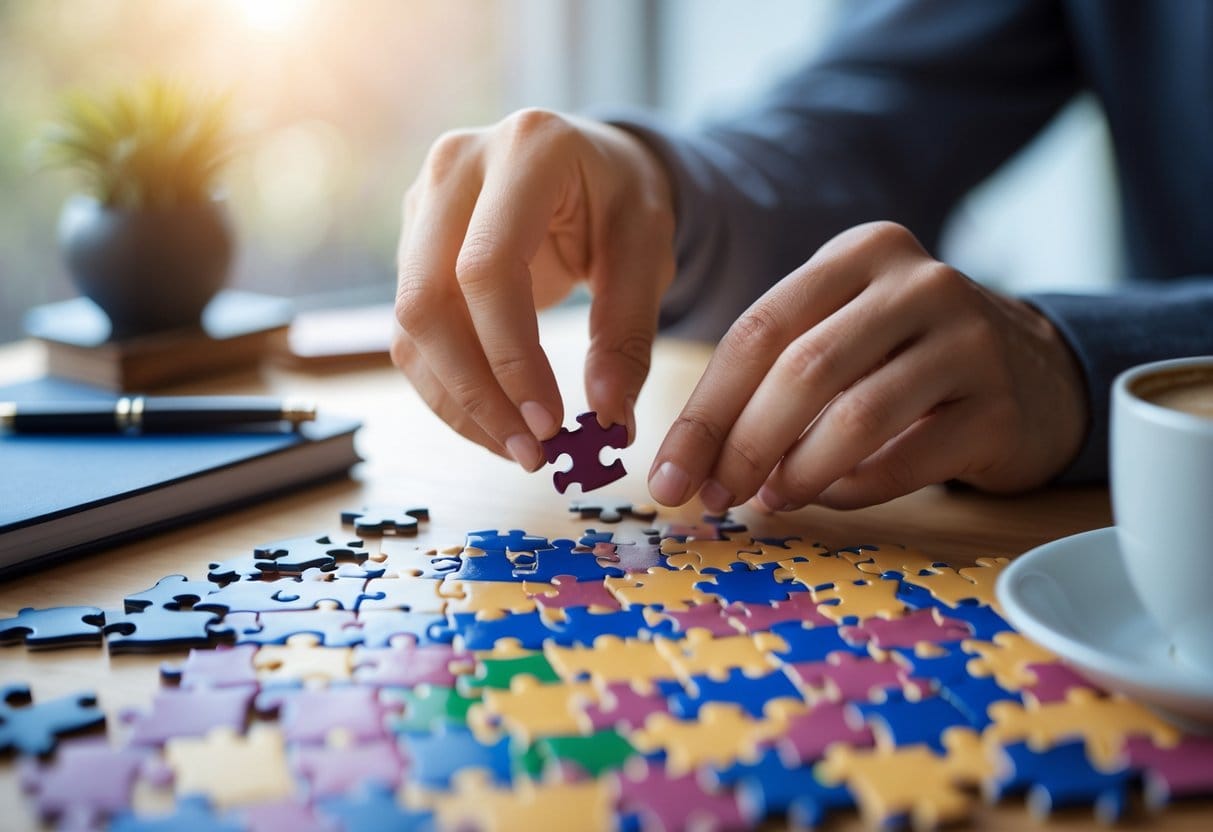 A person placing a small puzzle piece into a large puzzle on a desk with a notebook, pen, and coffee cup nearby.