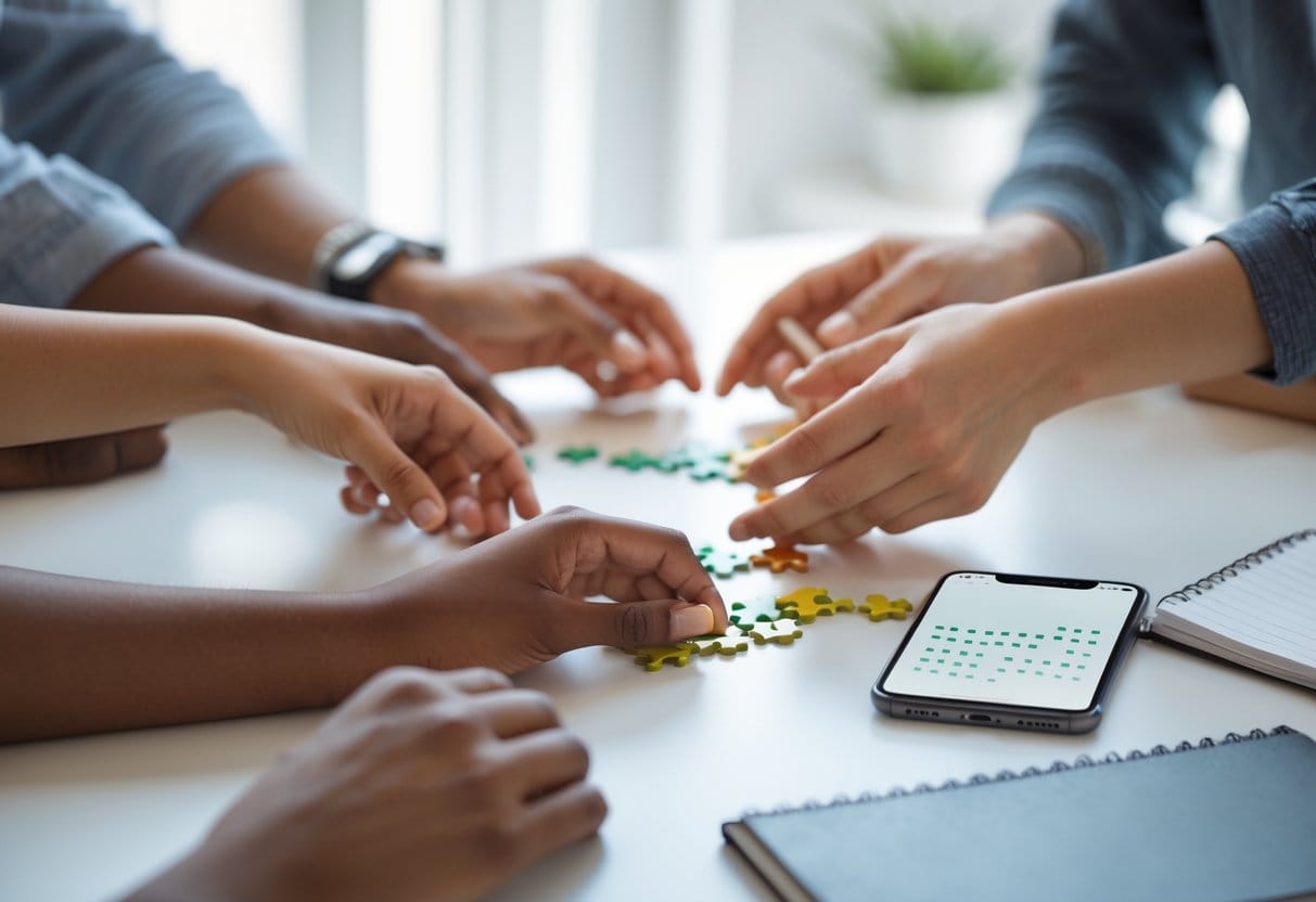 Close-up of diverse hands assembling small puzzle pieces on a table with a notebook, pen, and smartphone nearby.