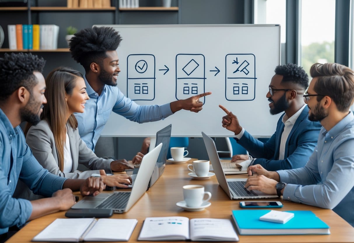 A group of people collaborating around a table with notebooks and laptops, discussing small steps toward progress in a bright office.