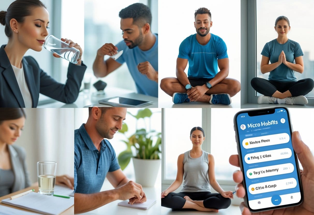 People practicing small positive habits like drinking water, tying running shoes, writing a to-do list, meditating, and using a habit-tracking app in bright, everyday settings.