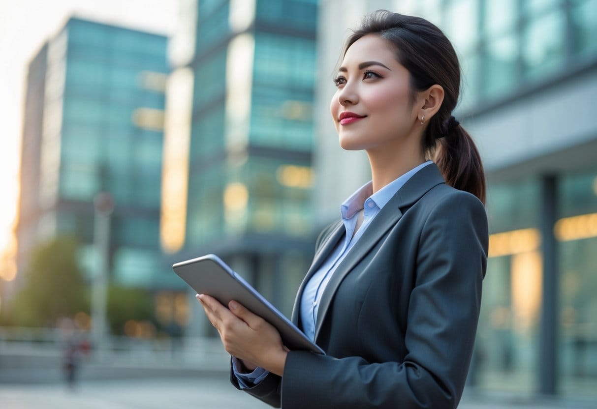 A confident young woman in business attire standing outdoors in an urban area, looking thoughtfully into the distance.