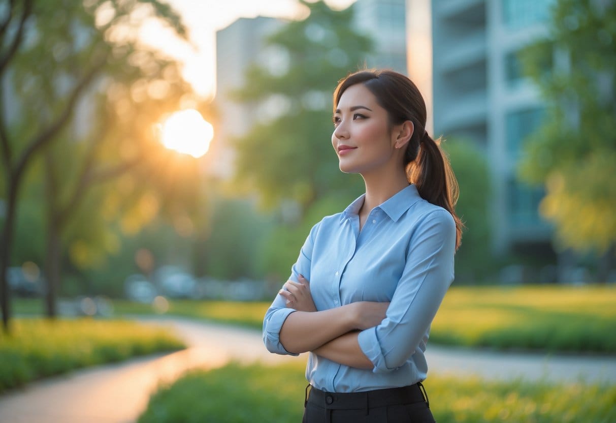 A confident young woman standing outdoors in a park, looking thoughtfully into the distance with a slight smile.
