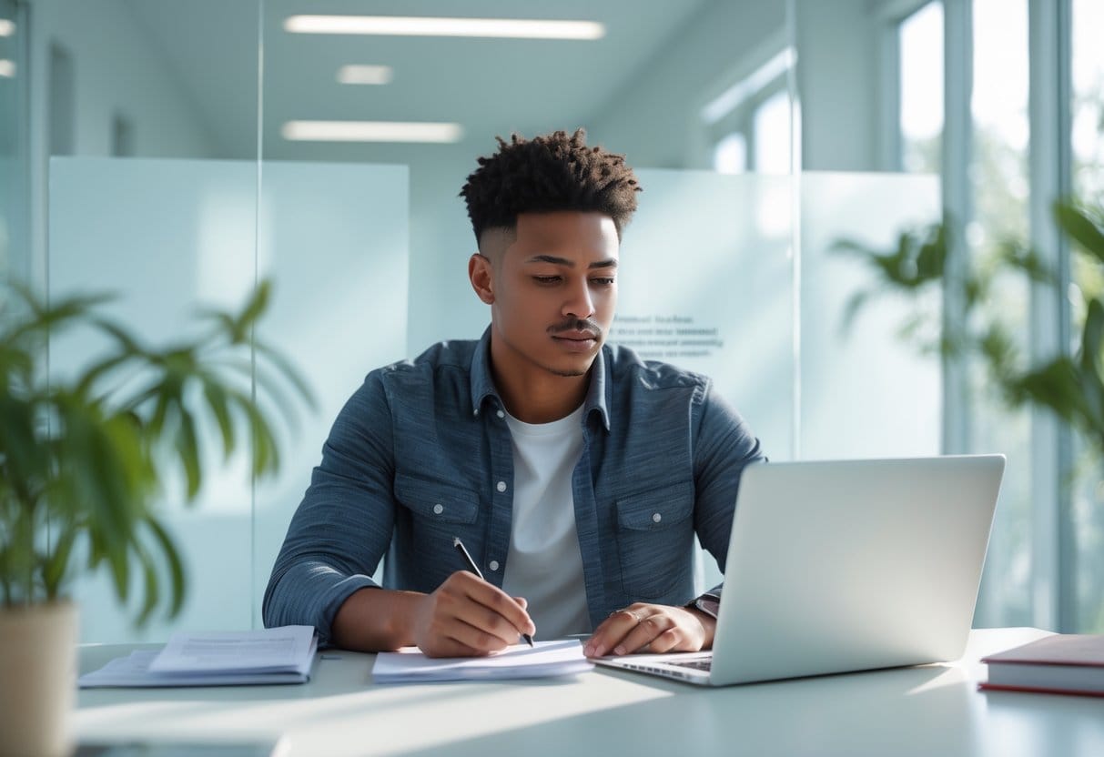 A young adult thoughtfully reviewing notes and a laptop at a desk in a bright office, appearing calm and focused.
