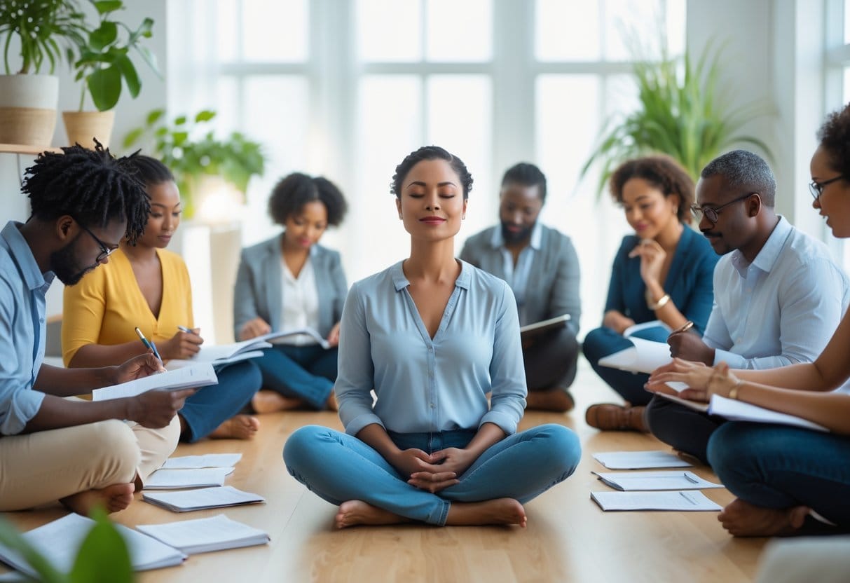 A diverse group of adults in a bright office practicing mindfulness and reflection, with one woman sitting calmly with eyes closed and others journaling or discussing ideas.