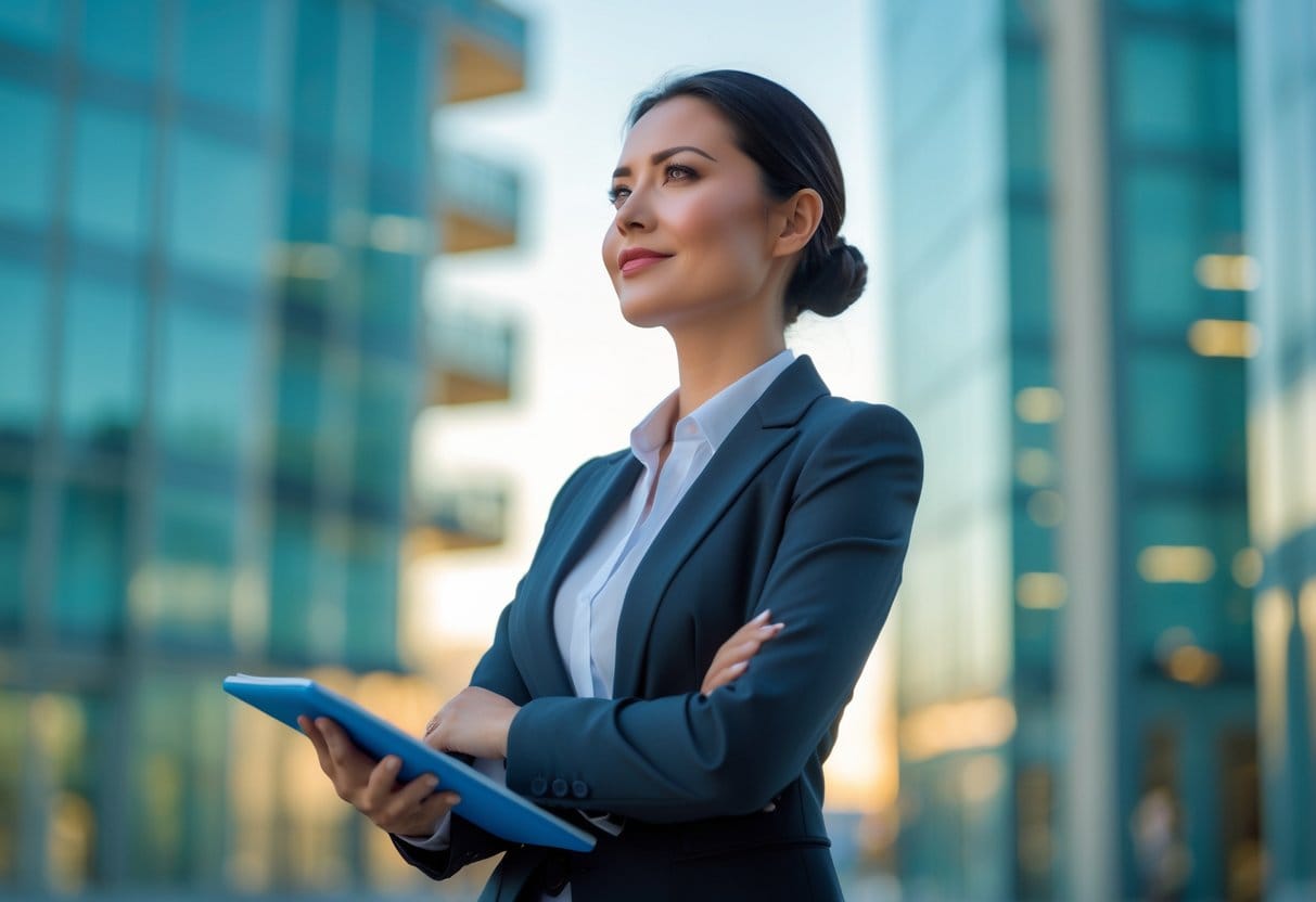 A confident businesswoman standing outdoors in a city, looking thoughtfully ahead with a slight smile, holding a tablet.