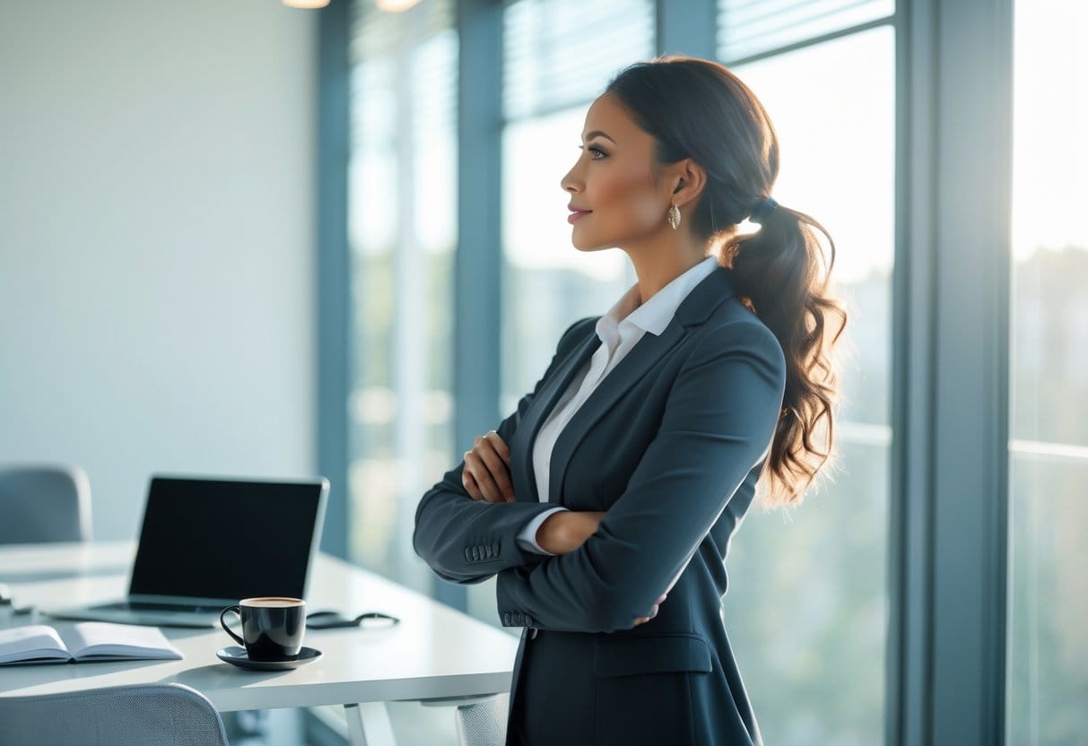 A confident businesswoman standing in a modern office, looking thoughtfully out of a large window with natural light.