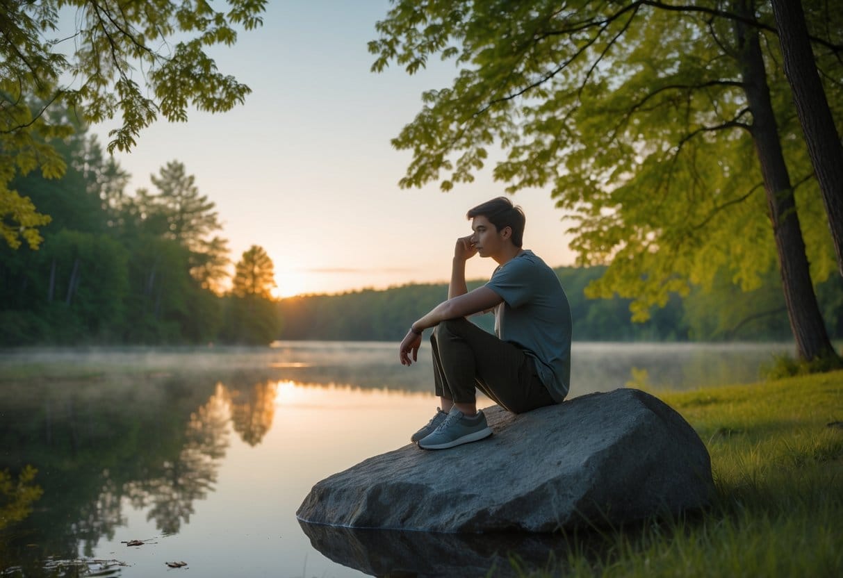 A person sitting on a rock by a calm lake, looking thoughtfully at their reflection in the water surrounded by trees and sunset light.
