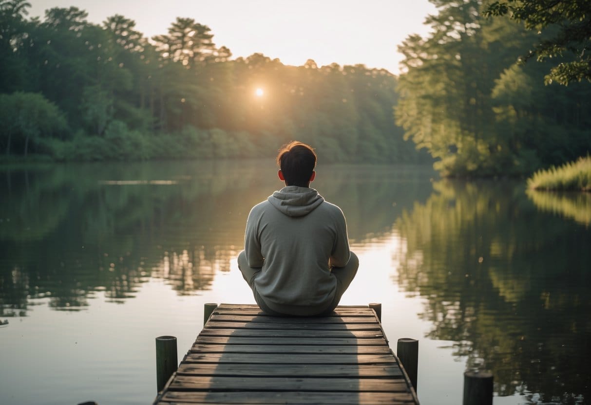 A young adult sitting on a wooden dock looking thoughtfully at their reflection in a calm lake surrounded by trees during sunset.