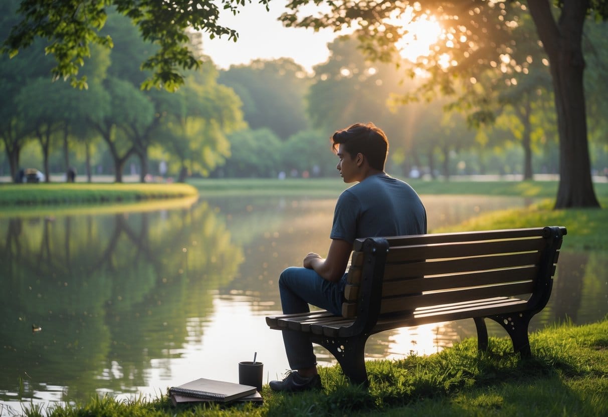A person sitting on a bench by a calm pond in a park, looking thoughtfully at their reflection in the water.