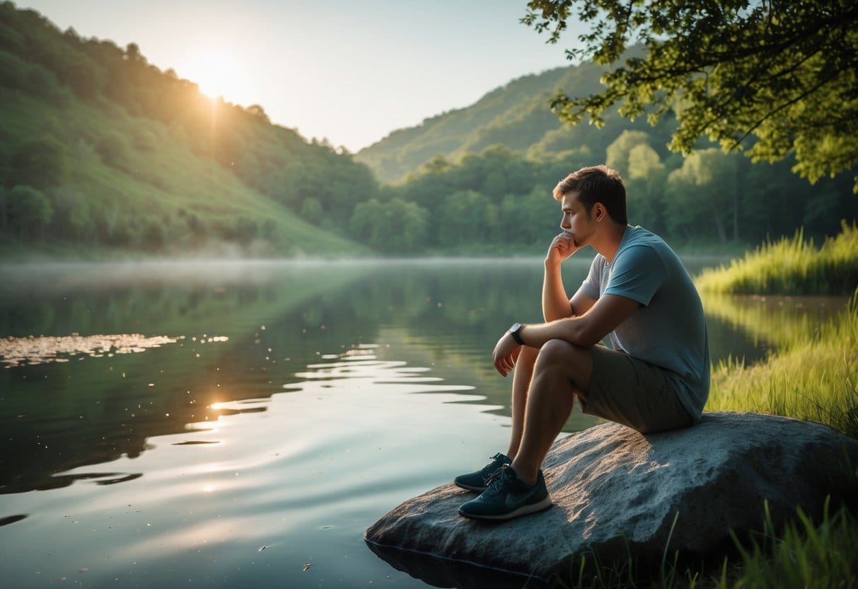 A person sitting alone on a rock by a calm lake, looking thoughtfully at their reflection in the water surrounded by trees and hills.