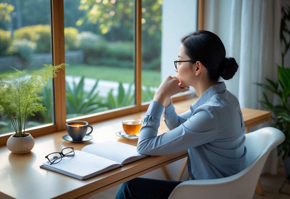 A person sitting at a desk by a window, looking thoughtfully outside with an open notebook and a cup of tea on the desk.