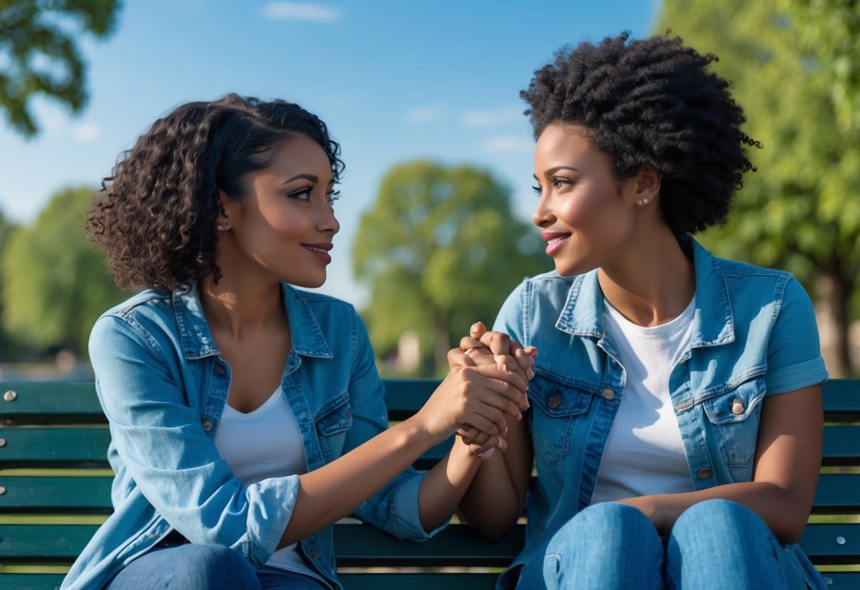 Two friends sitting on a park bench having a heartfelt conversation, one gently touching the other's hand.