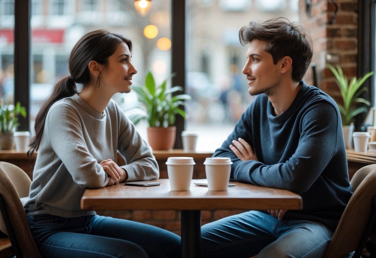 Two friends sitting at a café table having a calm and attentive conversation.