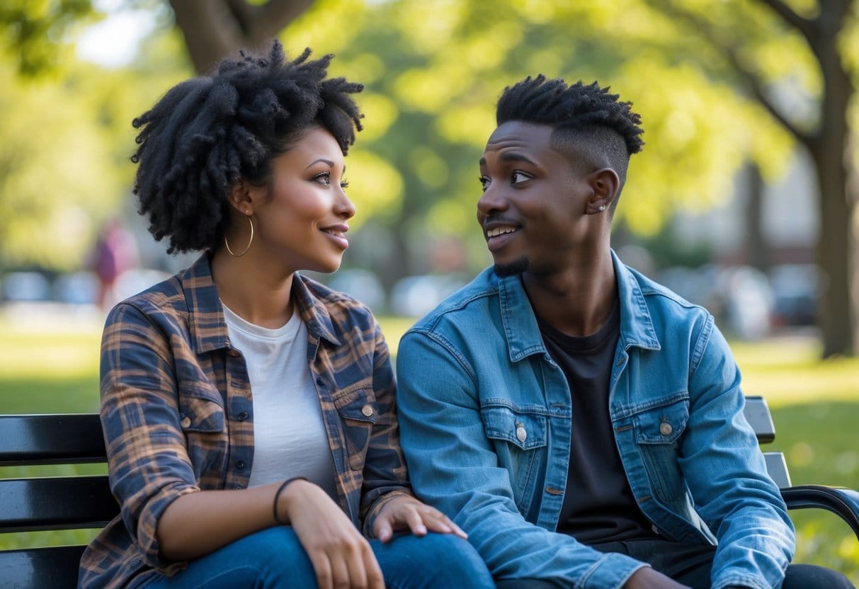 Two young adults sitting on a park bench having a heartfelt conversation, showing empathy and understanding.
