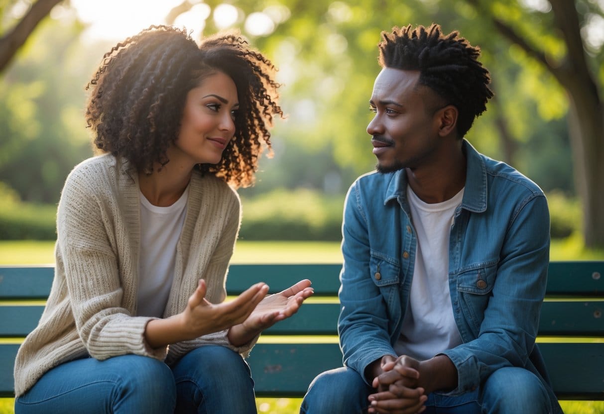 Two young adult friends outdoors, one apologizing sincerely while the other listens with a forgiving smile, sitting together on a park bench surrounded by greenery.