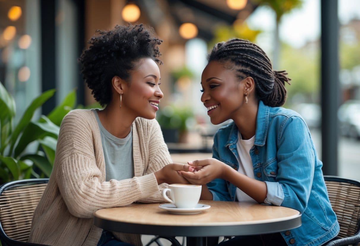 Two friends sitting at a café table outdoors, smiling and talking warmly while showing understanding and compromise.