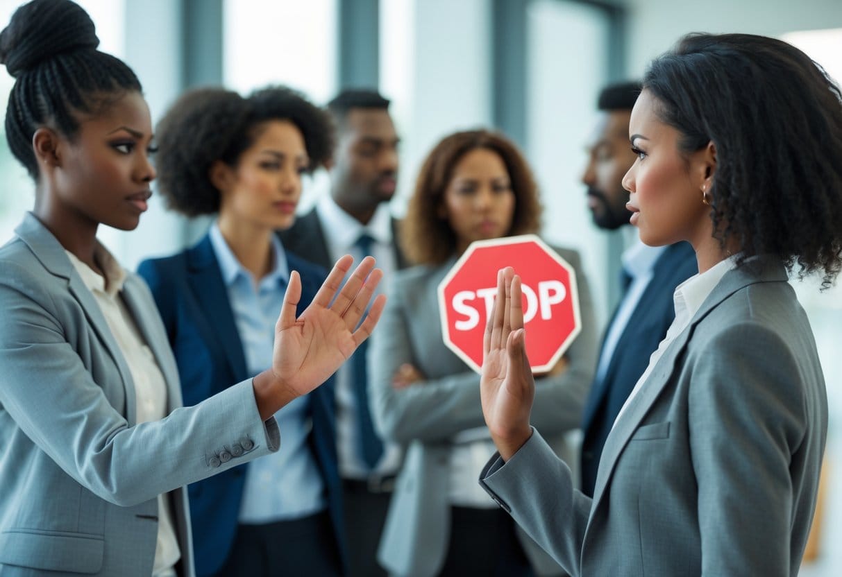 A person calmly holding up a hand to stop another person in a tense office interaction while colleagues watch supportively.