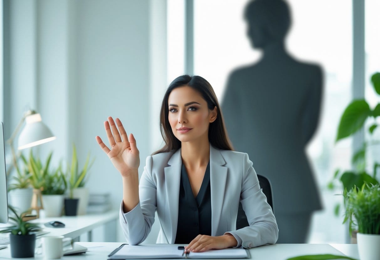 A woman sitting at a desk calmly holding up her hand in a stop gesture toward a blurred figure in the background.
