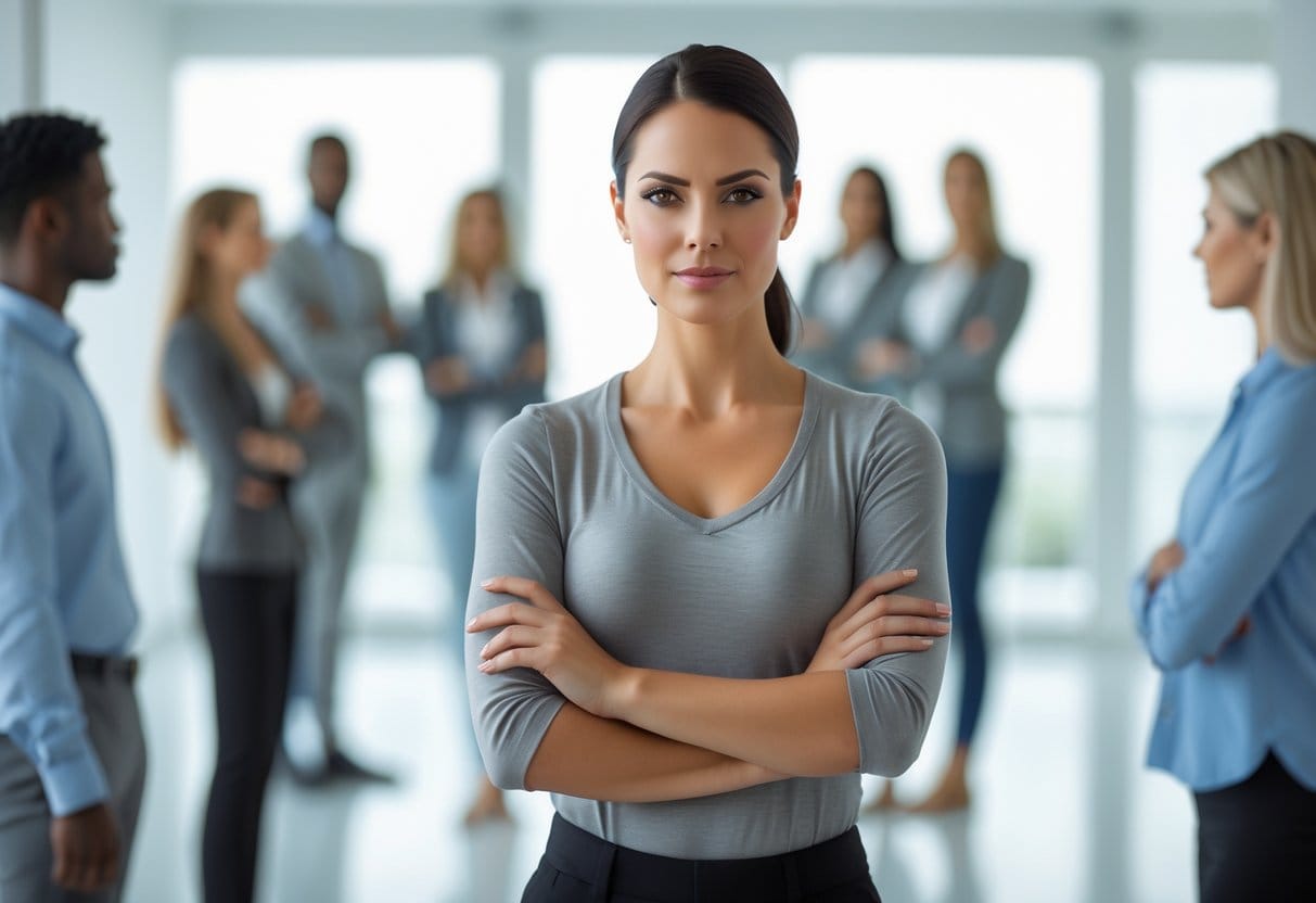 A confident person standing firmly with crossed arms, maintaining personal space while blurred figures stand behind them in a bright office setting.