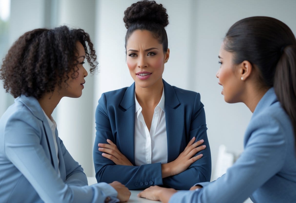 A confident person calmly setting boundaries with a frustrated individual in an office setting, showing assertive body language.
