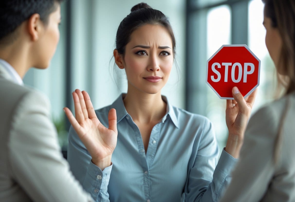 A calm person holding up a hand to stop another frustrated person, symbolizing setting boundaries and protecting well-being.