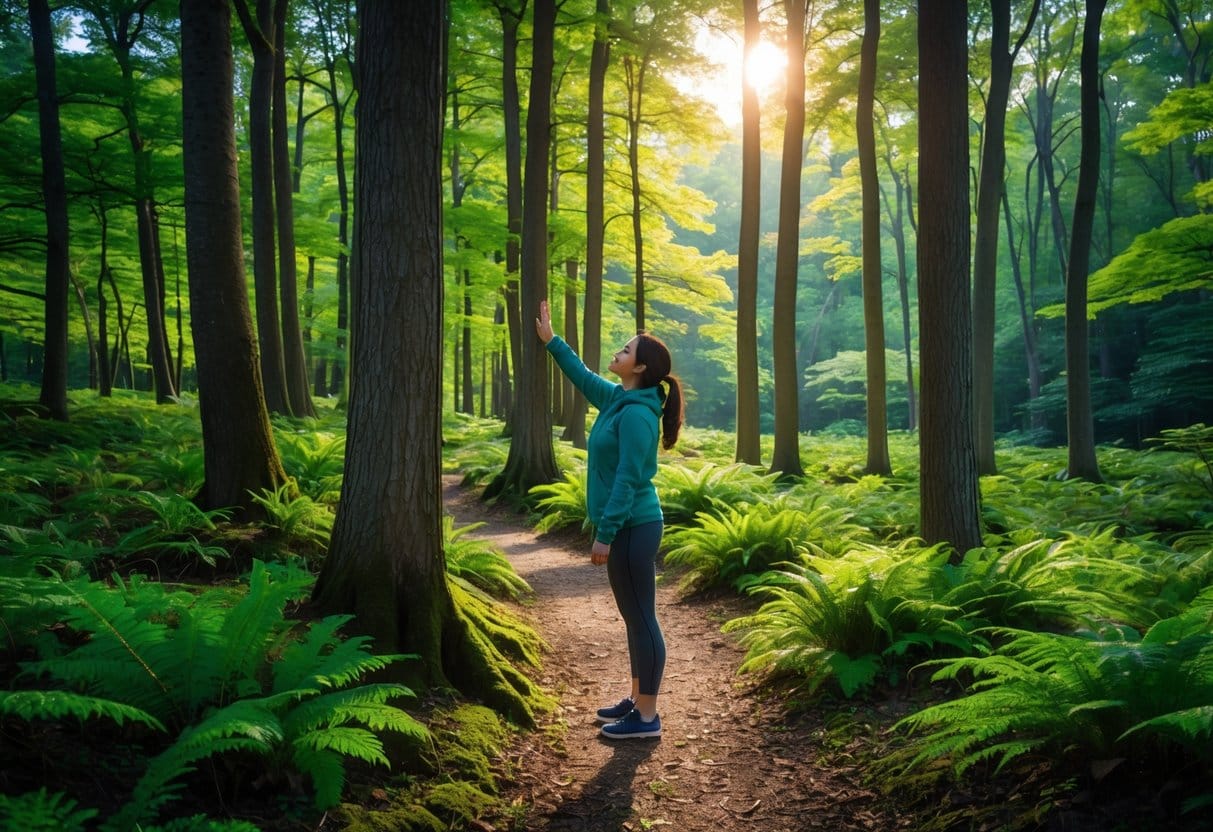 A person standing in a green forest gently touching a tree trunk with eyes closed, surrounded by trees, ferns, and sunlight filtering through leaves.