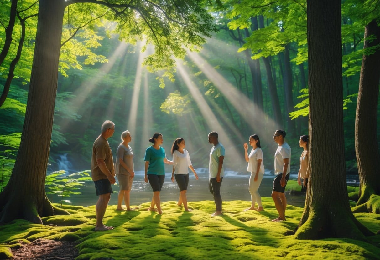 People quietly walking and connecting with nature in a sunlit forest surrounded by tall trees and greenery.