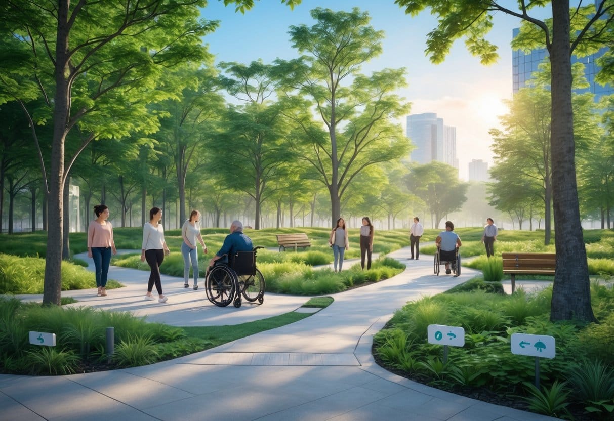 People of diverse abilities enjoying a peaceful urban forest park with trees, greenery, and accessible pathways.