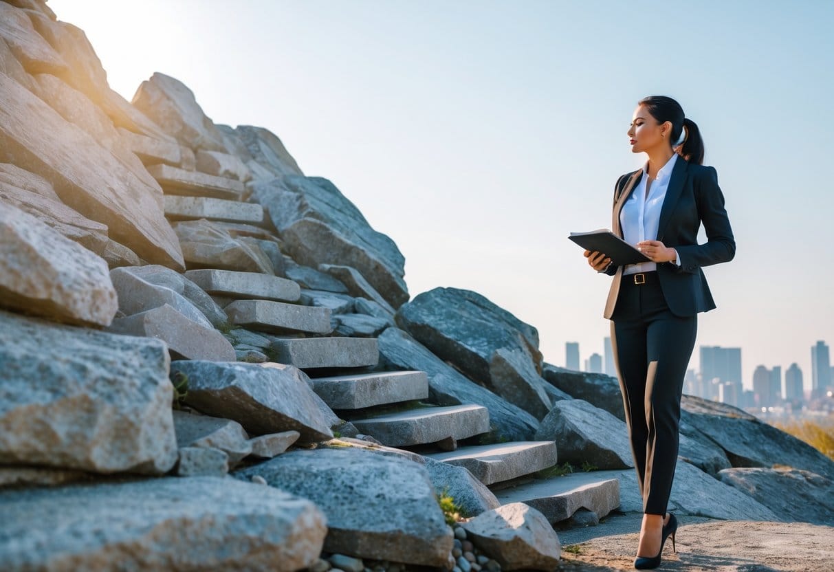 A businesswoman standing near a rock formation with smaller stones arranged like steps, looking thoughtfully ahead outdoors.