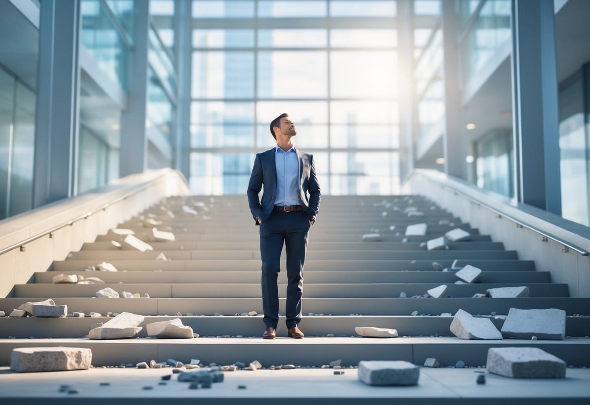 A businessperson looking thoughtfully at a staircase made of stepping stones leading upward, symbolizing overcoming challenges and progress.