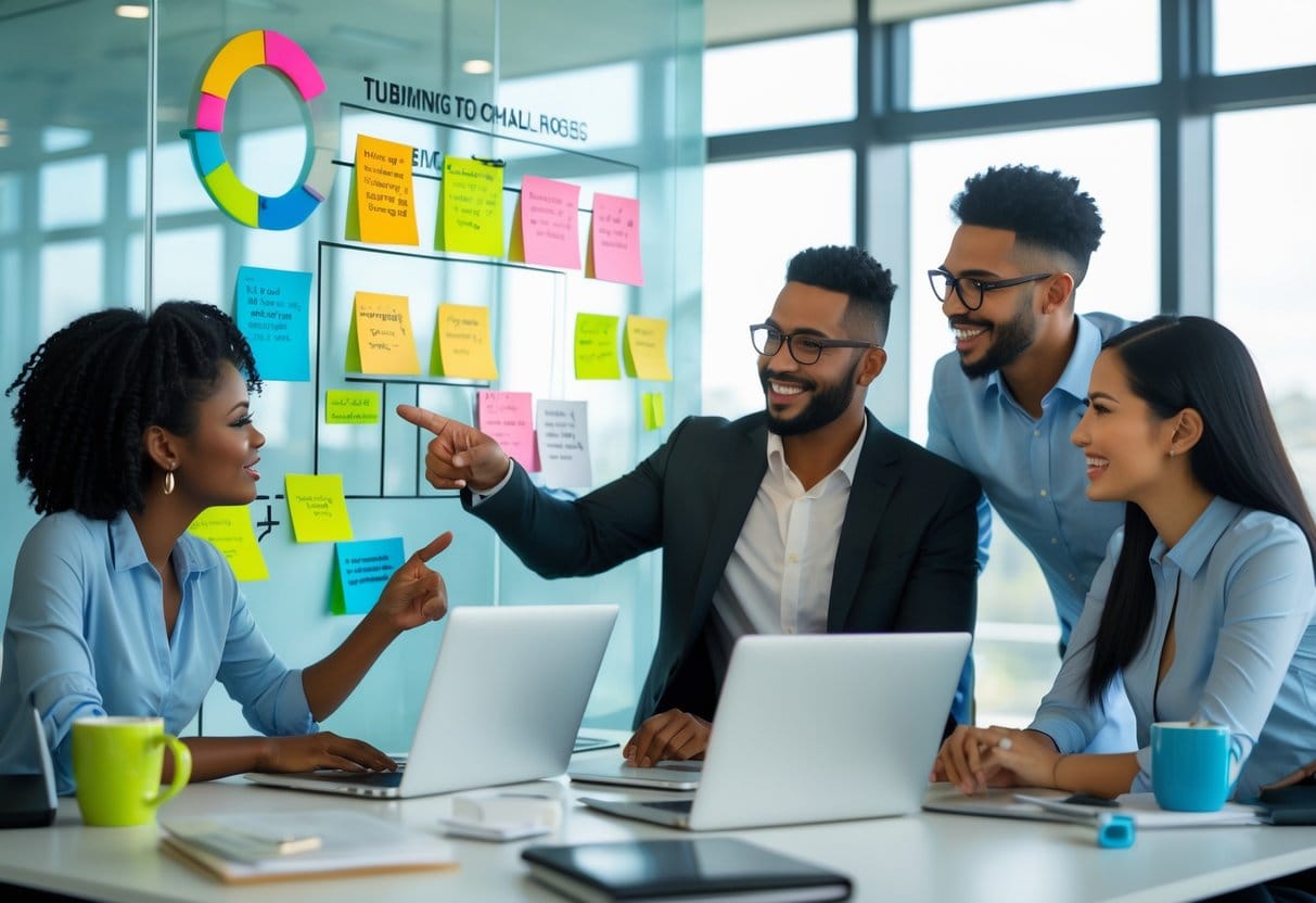 A group of business professionals collaborating around a whiteboard with diagrams and notes in a bright office.
