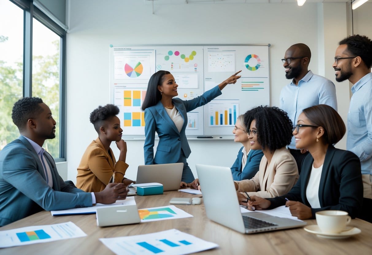 A group of diverse adults collaborating around a whiteboard with diagrams and notes in a bright office setting.