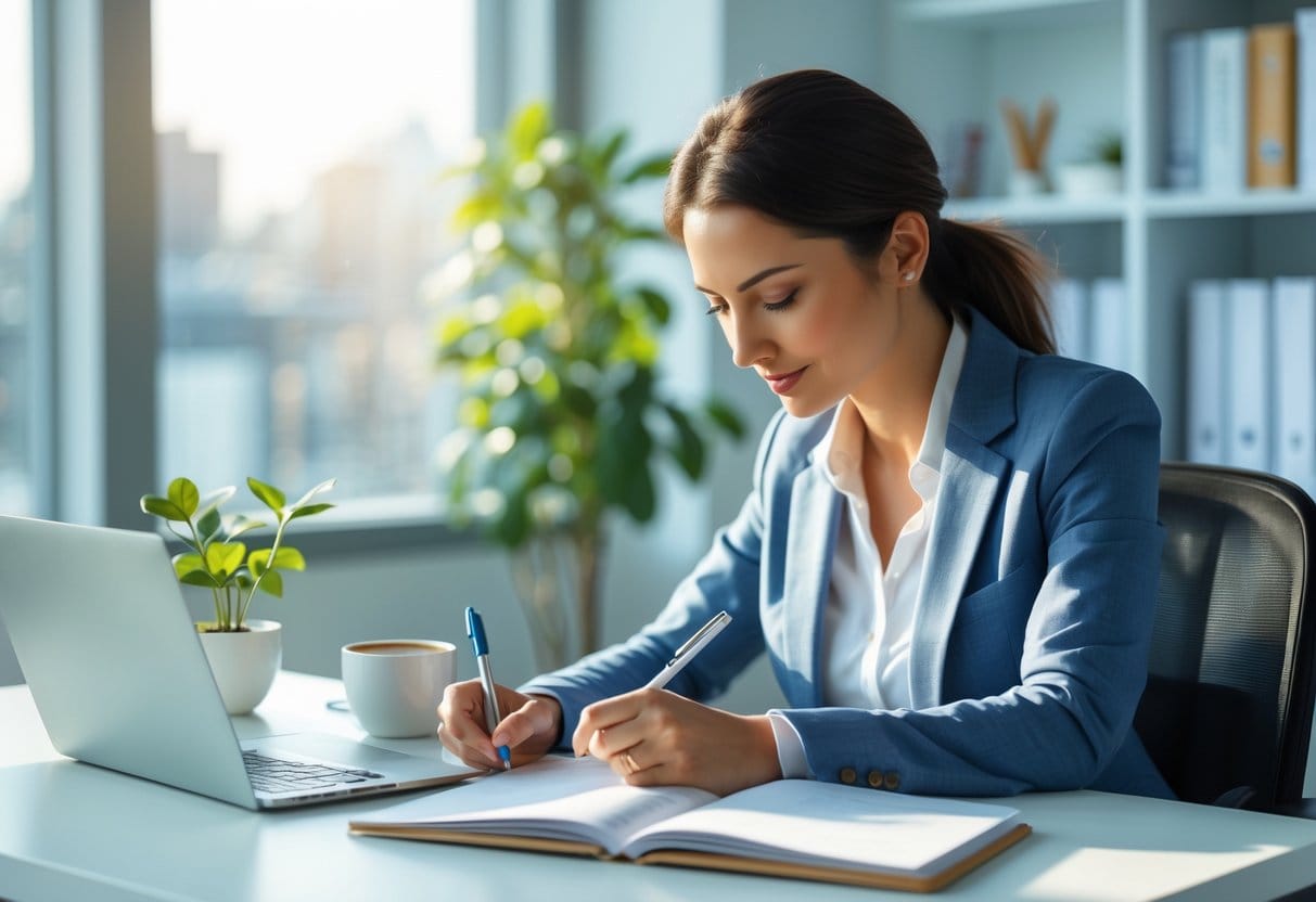 A person calmly writing in a notebook at a clean desk with a laptop and coffee in a bright office space.