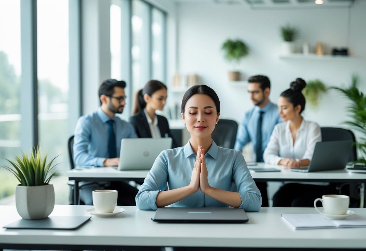 People working calmly in a bright office, one person practicing mindfulness with eyes closed at their desk.