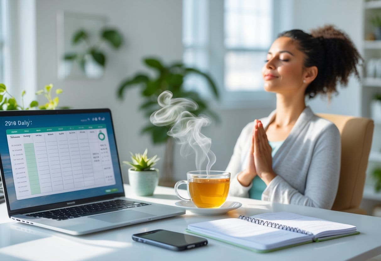 A person sitting calmly with eyes closed at a tidy desk featuring a planner, laptop, tea cup, and plant in a bright, peaceful home office.