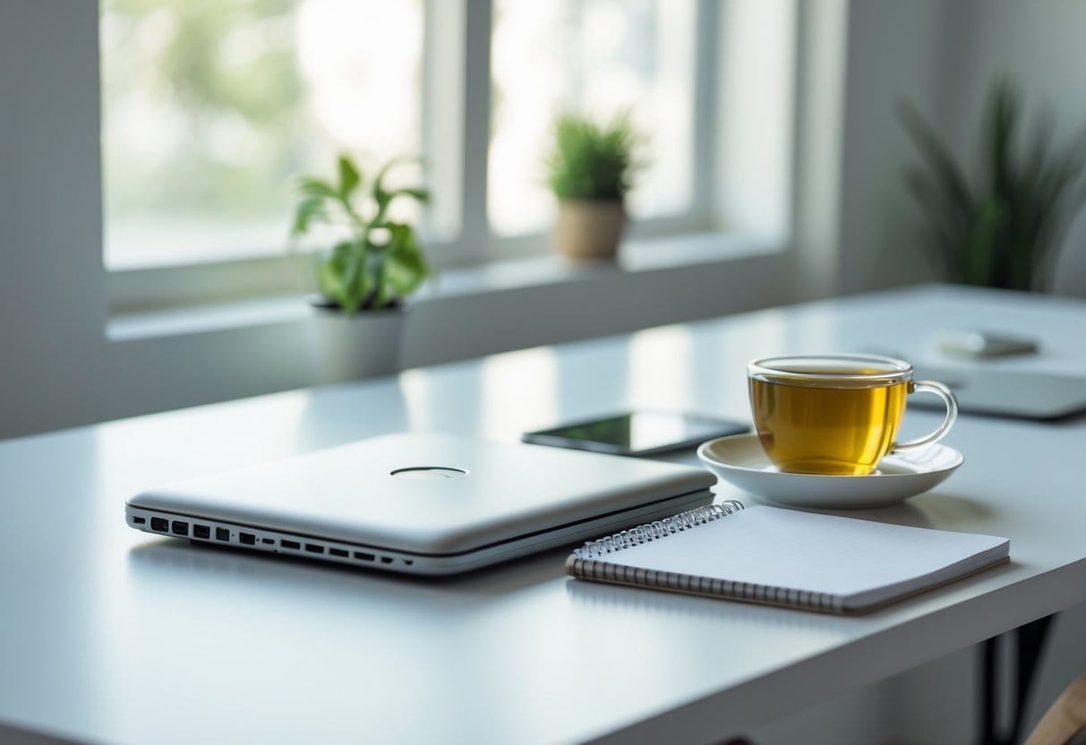A clean, minimalist workspace with a laptop, notebook, cup of tea, and a small plant near a window with natural light.