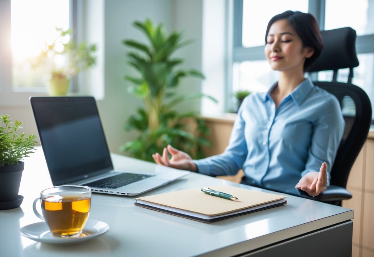 A person sitting calmly at a tidy desk in a bright office, practicing mindfulness with eyes closed, surrounded by a laptop, notebook, tea cup, and a small plant.