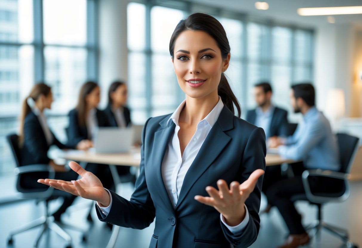 A confident businesswoman speaking and gesturing in an office with colleagues working in the background.