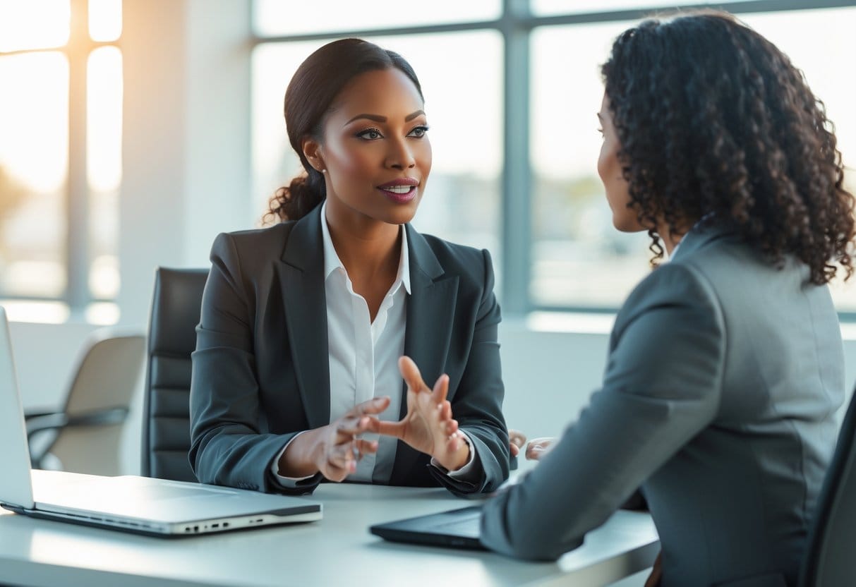 A confident businesswoman speaking assertively with a colleague in a modern office.