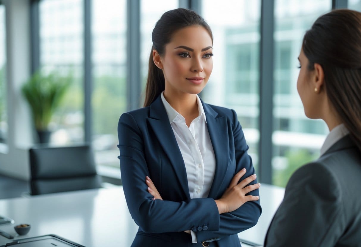 A confident young businesswoman standing and speaking assertively to a colleague in a modern office.