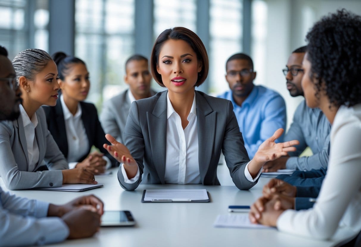 A confident businesswoman speaking assertively during a meeting with attentive colleagues around a conference table.