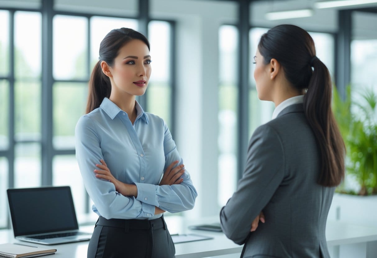 A confident woman calmly talking to a colleague in a bright modern office, both engaged in a respectful conversation.