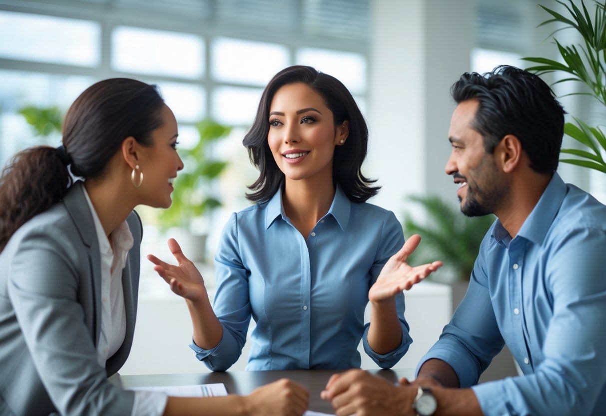 Three adults having a confident and respectful conversation in a bright modern office.