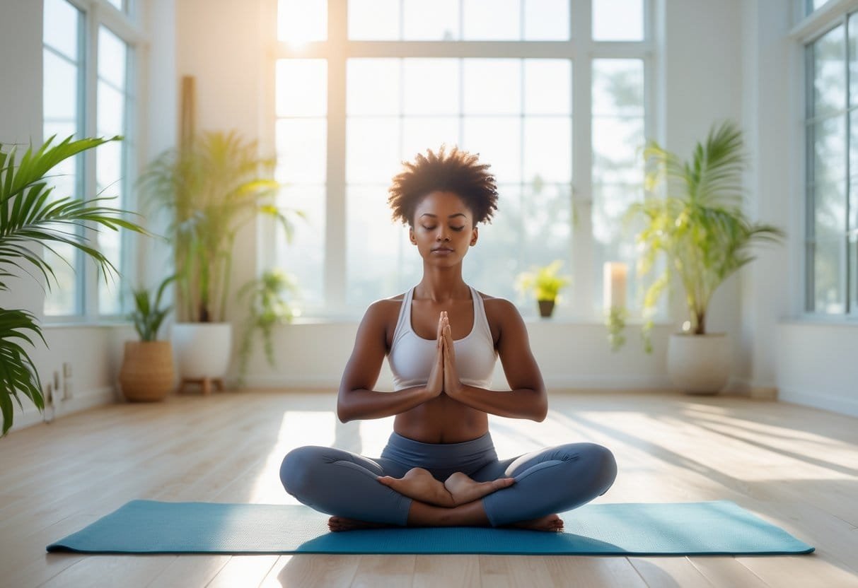 A person sitting cross-legged on a yoga mat with eyes closed, meditating in a bright room with plants and natural light.