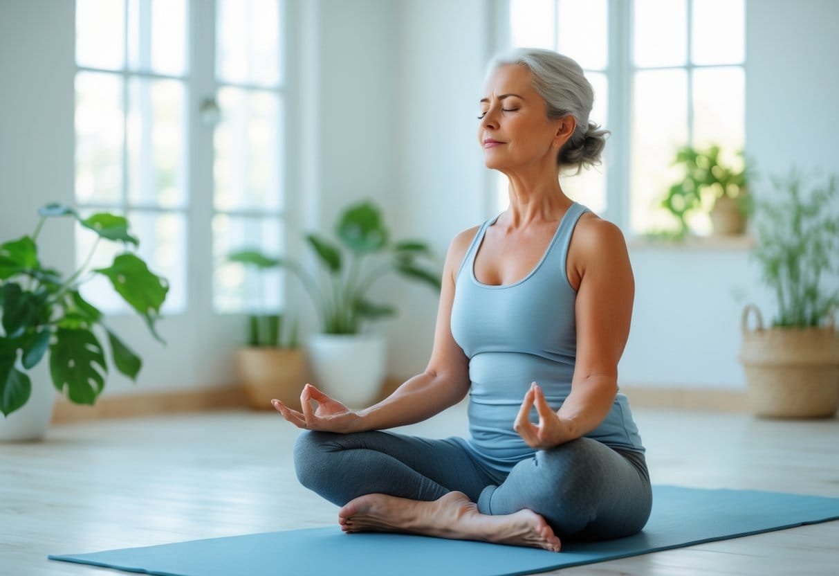 A woman sitting cross-legged on a yoga mat with eyes closed, meditating peacefully in a bright room with plants.