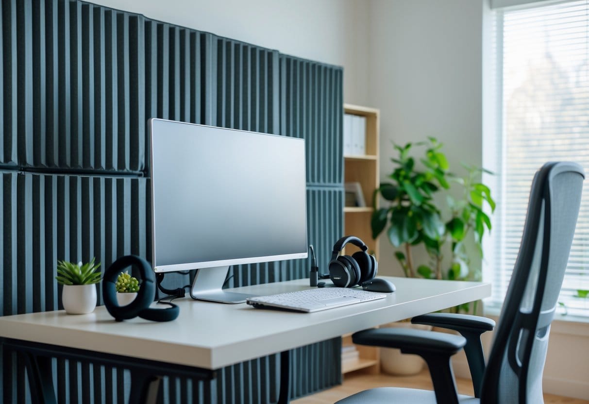 A tidy home office with a laptop, monitor, headphones, indoor plant, and ergonomic chair in a quiet, well-lit room.