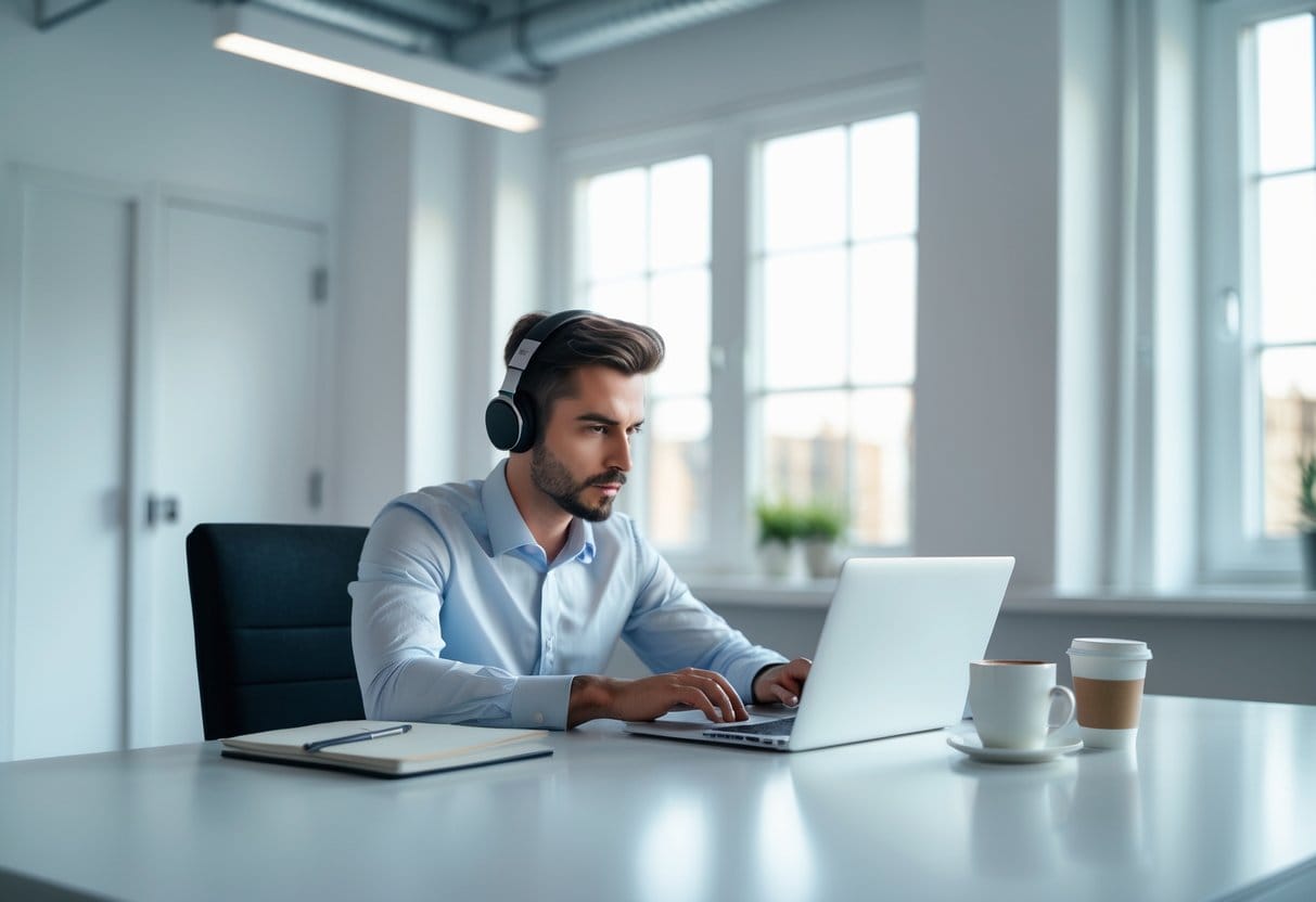 A person working focused at a clean desk with a laptop and coffee in a bright office with large windows.